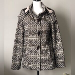 Roots fleece-lined knit jacket with toggles - size LARGE -geo fair isle zip coat